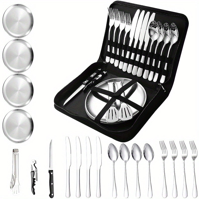 20 Piece Silveryware Set With Organizer - Premium Outdoor Picnic Tableware For Camping Enthusiasts