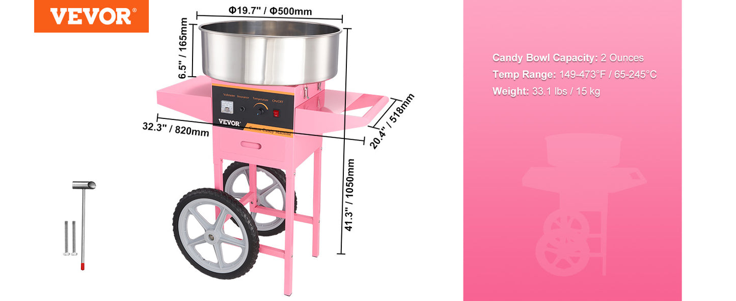 Vevor elektrische Zuckerwatte maschine mit Wagen 1000w handels üblicher Zahnseide hersteller mit Edelstahls chale Zuckers chaufel und Schublade