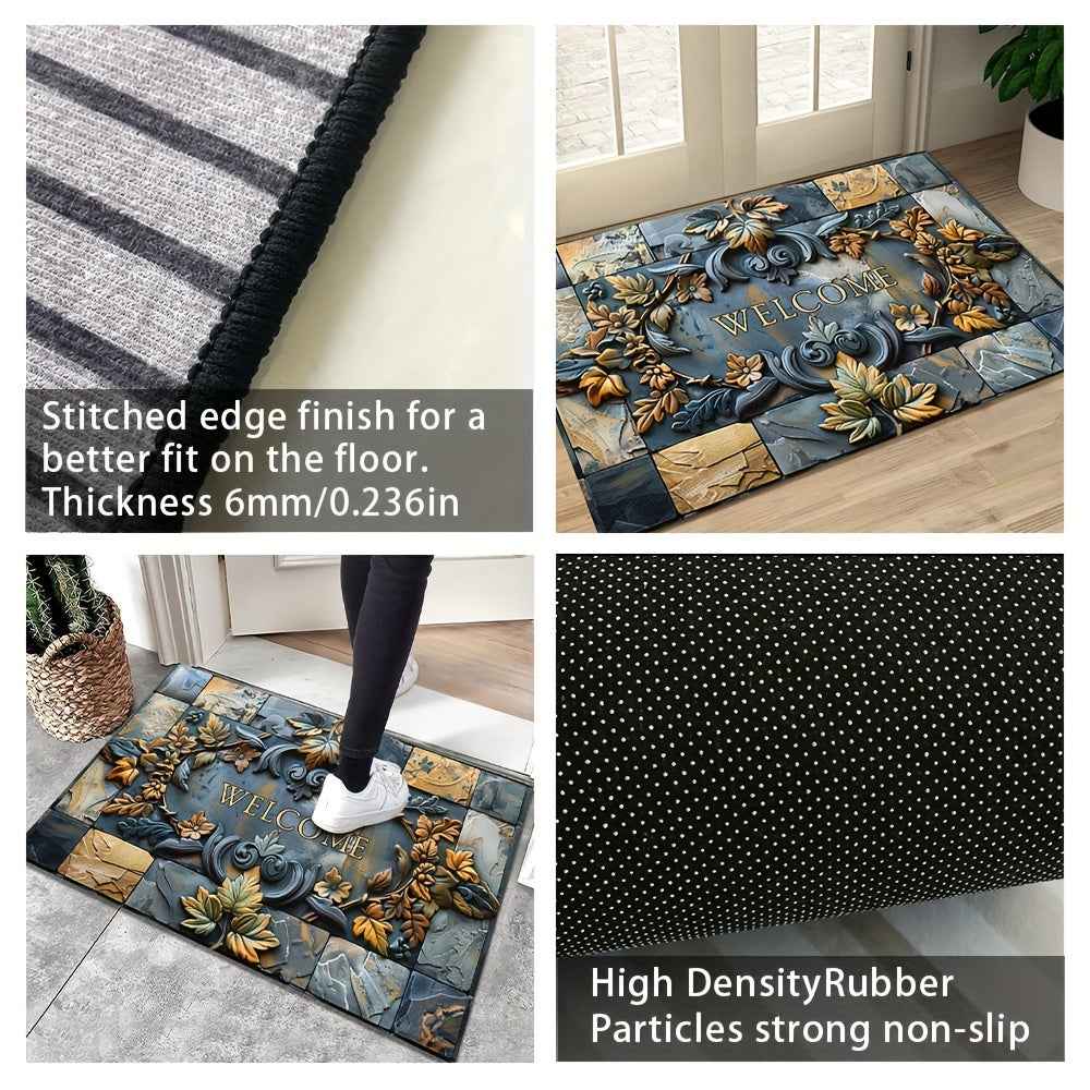 Luxurious 3D Stone & Botanical Embossed Welcome Mat - Non-Slip, Waterproof, Machine Washable Polyester Rug for Home & Outdoor Decor - Ideal for Entryway, Living Room, Bathroom