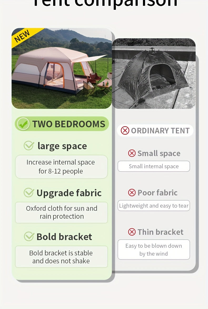 KAIROAD Spacious Beige Tent - 2 Bedrooms & Living Room, Portable Folding Design for Camping and BBQs, Windproof & Waterproof Oxford Fabric, All-Season Zip Closure, KAIROAD