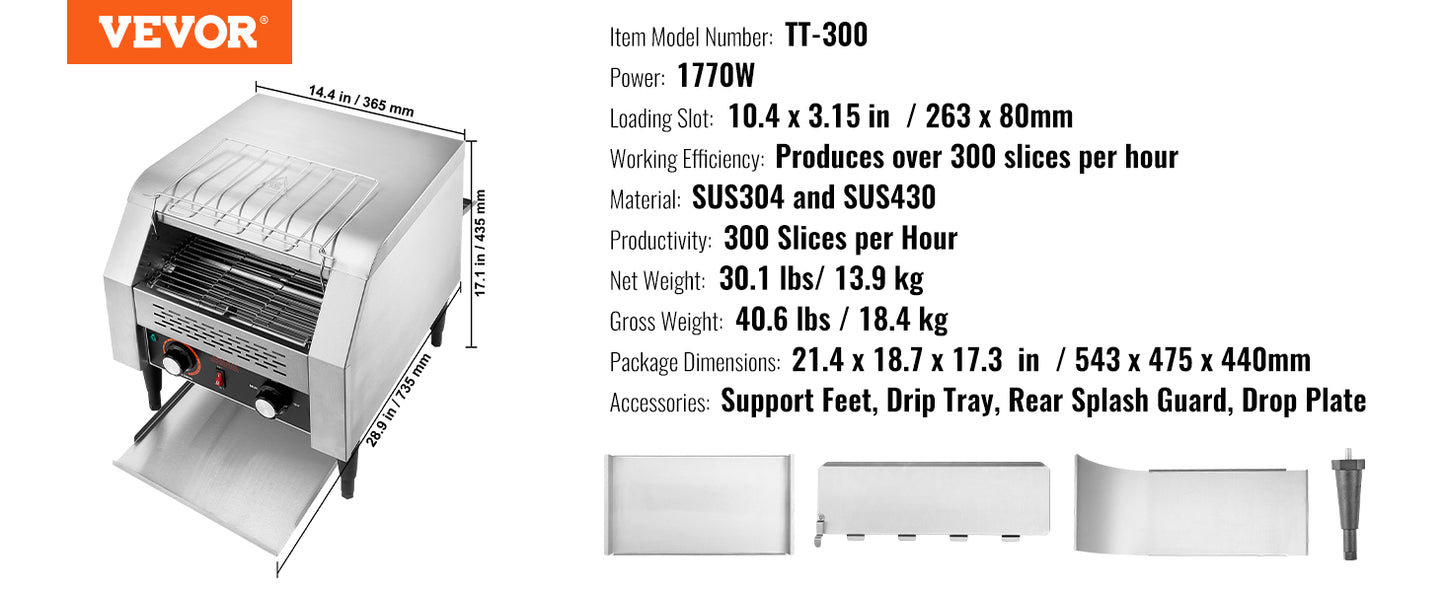 VEVOR Durchlauf-Toaster 1300 W Förderbandtoaster, Kettentoaster, Drei Multifunktionale Betriebsarten 150 Scheiben pro Stunde, Silber Kommerzieller Toaster Förderband Edelstal Restaurants, Bäckereien