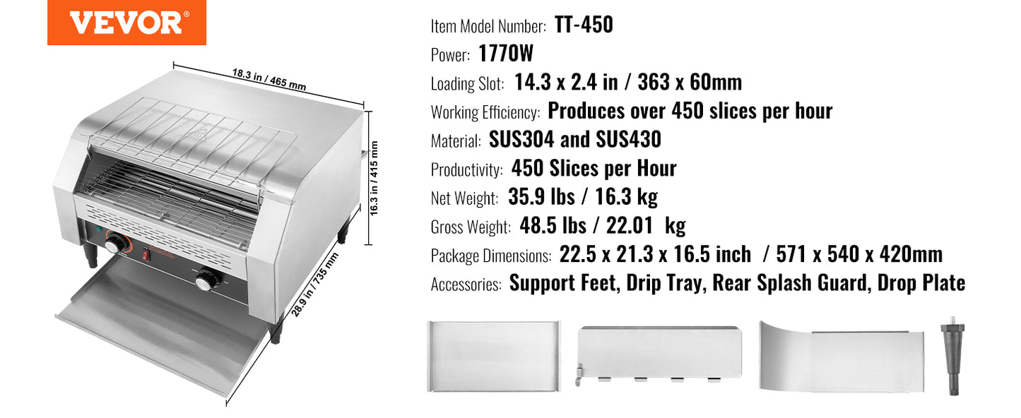 VEVOR Durchlauf-Toaster 1300 W Förderbandtoaster, Kettentoaster, Drei Multifunktionale Betriebsarten 150 Scheiben pro Stunde, Silber Kommerzieller Toaster Förderband Edelstal Restaurants, Bäckereien