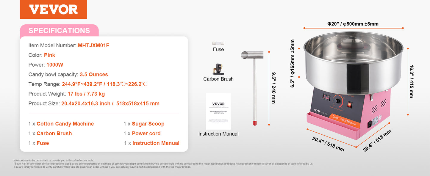 VEVOR Elektrische Zuckerwattemaschine, 1 kW Zuckerwattegeräte, Kommerzielle Zuckerwattemaschine mit Abdeckung, Edelstahlschüssel & Zuckerlöffel, für Kindergeburtstage zu Hause, Familienfeiern (Rot)