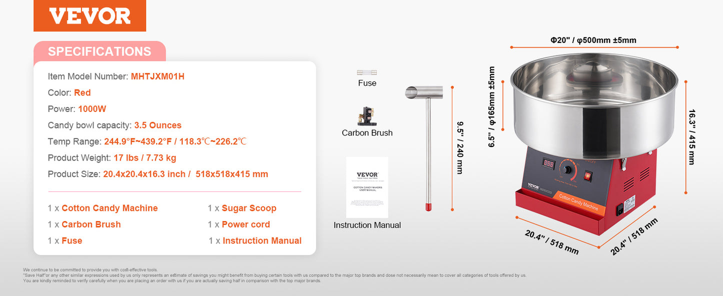 VEVOR Elektrische Zuckerwattemaschine, 1 kW Zuckerwattegeräte, Kommerzielle Zuckerwattemaschine mit Abdeckung, Edelstahlschüssel & Zuckerlöffel, für Kindergeburtstage zu Hause, Familienfeiern (Rot)