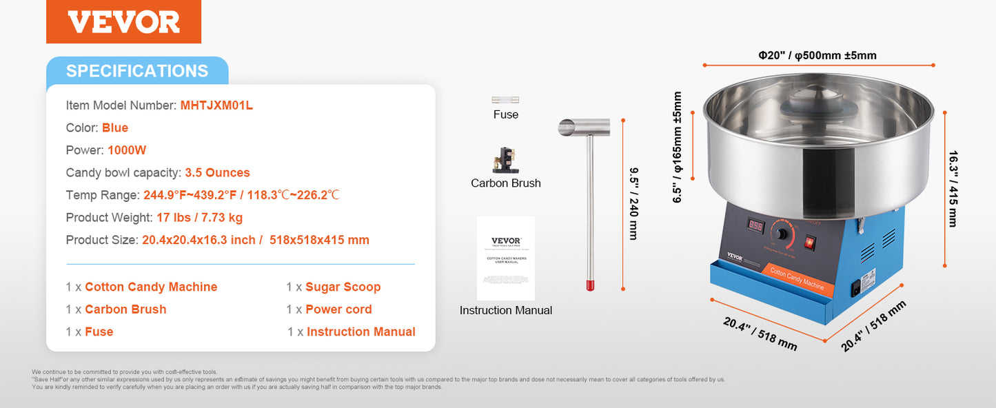 VEVOR Elektrische Zuckerwattemaschine, 1 kW Zuckerwattegeräte, Kommerzielle Zuckerwattemaschine mit Abdeckung, Edelstahlschüssel & Zuckerlöffel, für Kindergeburtstage zu Hause, Familienfeiern (Rot)