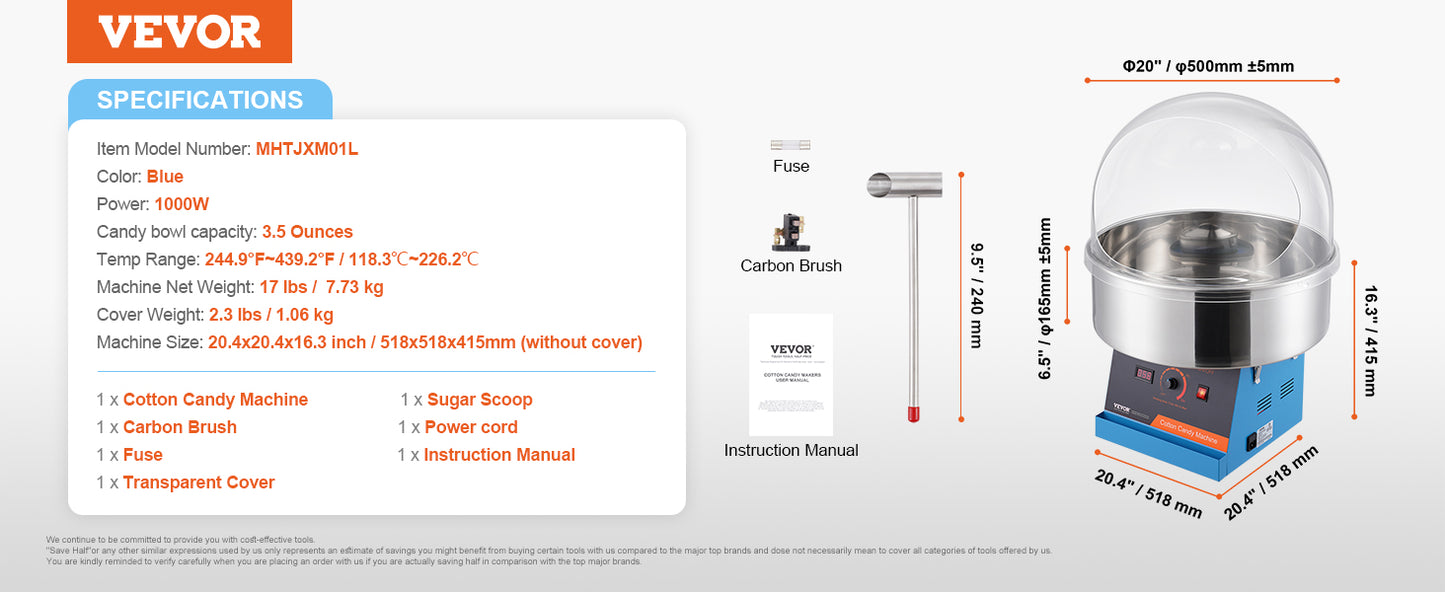 VEVOR Elektrische Zuckerwattemaschine, 1 kW Zuckerwattegeräte, Kommerzielle Zuckerwattemaschine mit Abdeckung, Edelstahlschüssel & Zuckerlöffel, für Kindergeburtstage zu Hause, Familienfeiern (Rot)