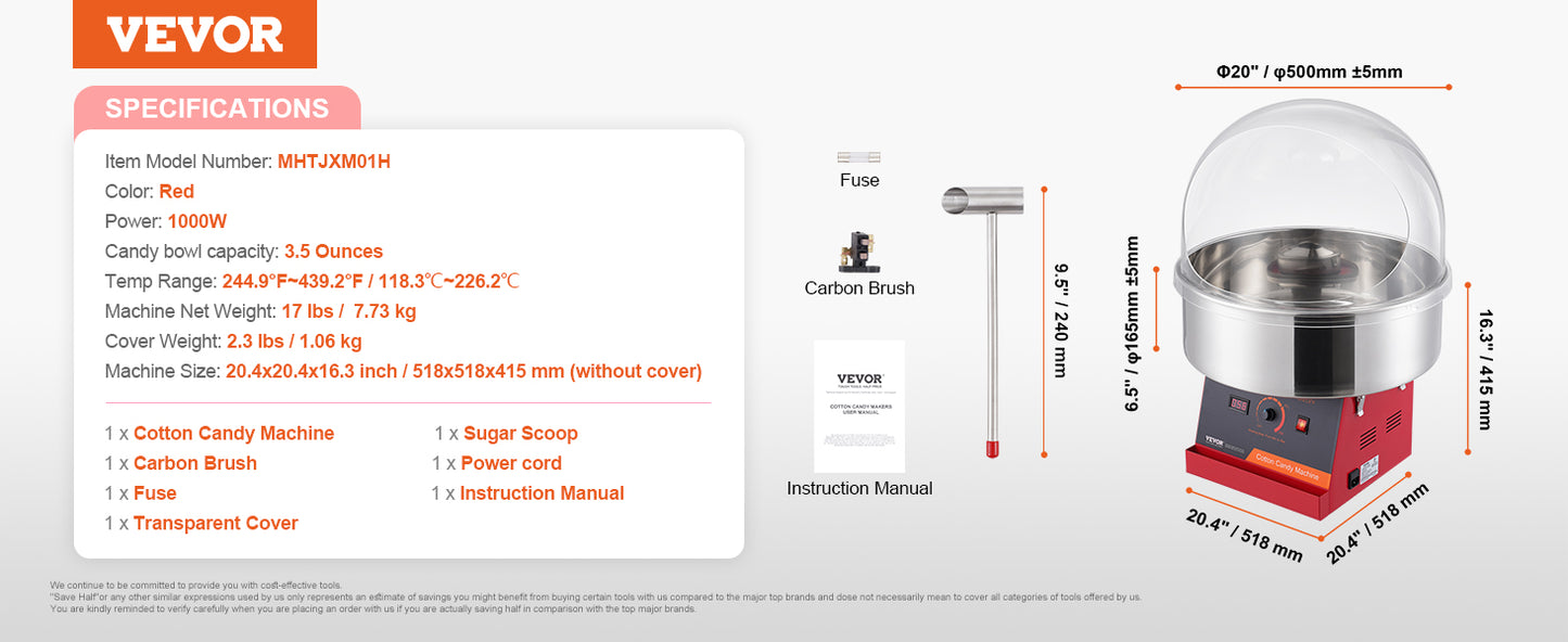 VEVOR Elektrische Zuckerwattemaschine, 1 kW Zuckerwattegeräte, Kommerzielle Zuckerwattemaschine mit Abdeckung, Edelstahlschüssel & Zuckerlöffel, für Kindergeburtstage zu Hause, Familienfeiern (Rot)