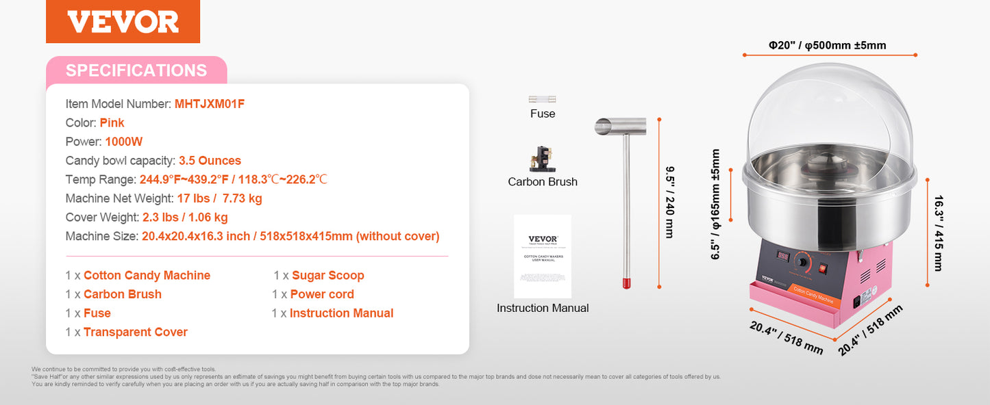 VEVOR Elektrische Zuckerwattemaschine, 1 kW Zuckerwattegeräte, Kommerzielle Zuckerwattemaschine mit Abdeckung, Edelstahlschüssel & Zuckerlöffel, für Kindergeburtstage zu Hause, Familienfeiern (Rot)