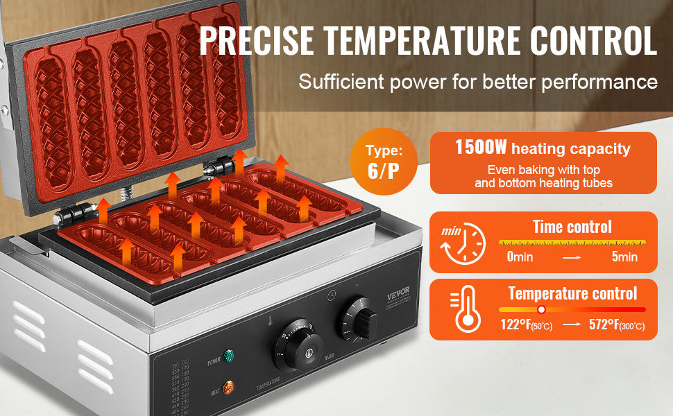 VEVOR kommerzieller Waffeleisen Waffel Maker 6-teilig 1500 W, antihaftbeschichtetes Edelstahl-Waffeleisen für Mais-Hotdogs mit Temperatur- und Zeitregelung, für Restaurant Bäckerei Snackbar Familie