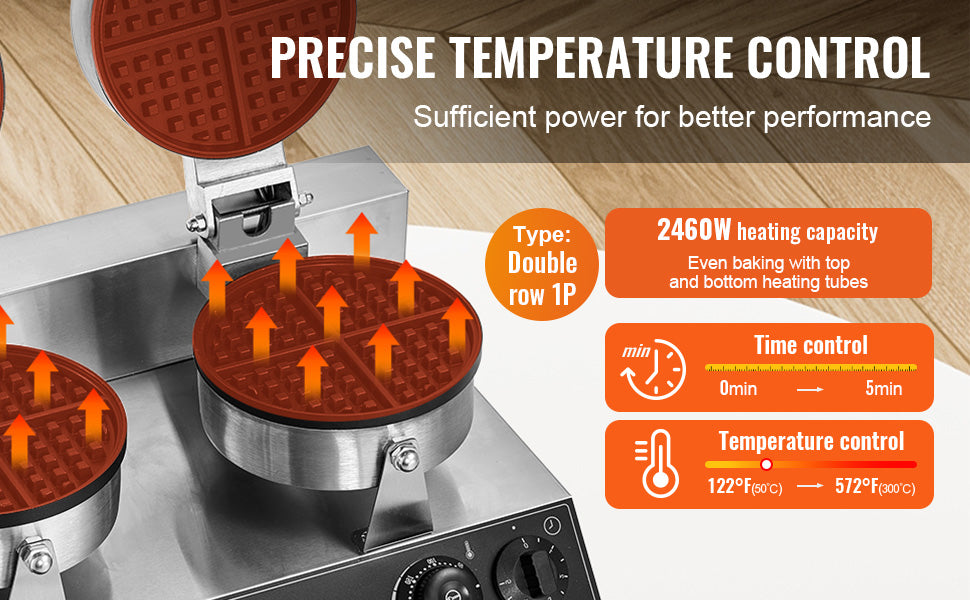 VEVOR kommerzielles Waffeleisen rundes Waffeleisen mit Doppelkopf 2460 W, belgisches Waffeleisen mit antihaftbeschichteten Backfläche, Temperatur- und Zeitregelung, für Restaurant Bäckerei Snackbar