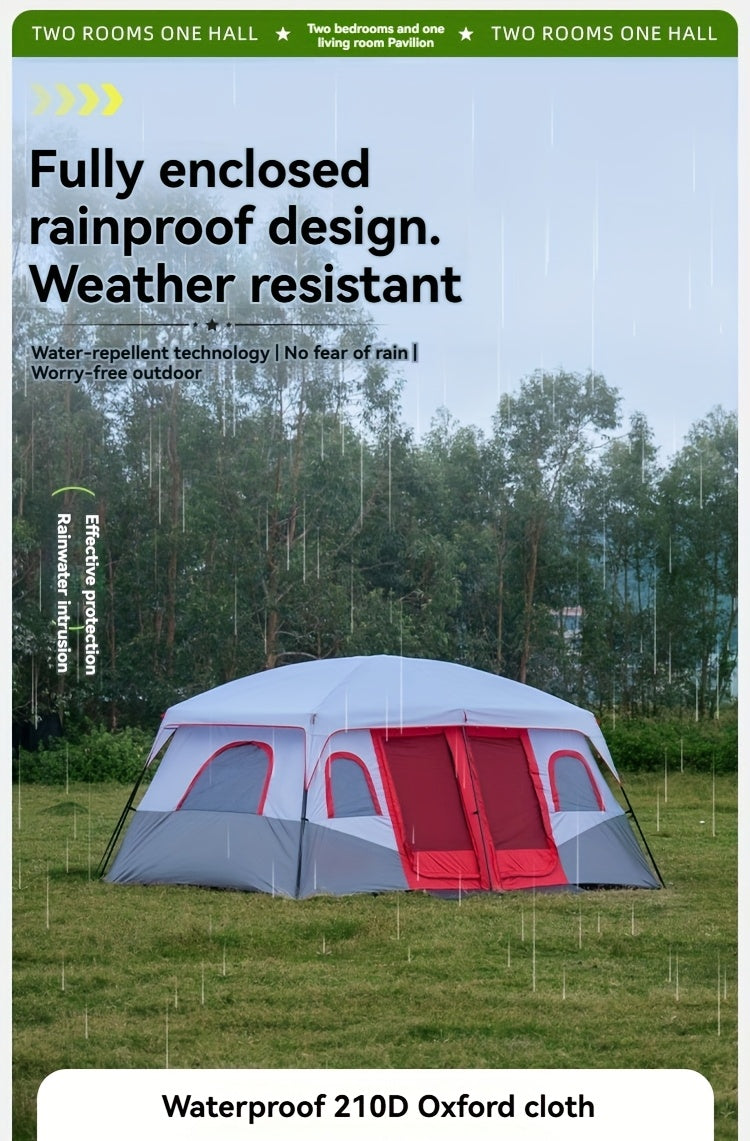 10-Person Outdoor Camping Tent with Vestibule, Solid Color, Square Shape, All-Season, Waterproof Oxford Cloth, Iron Bracket, Zipper Closure, Dual Rooms, Sun Protection for Family Parties, Climbing, Shed