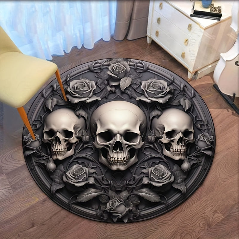 Luxury 3D Horror Rose & Skulls Round Rug - Crystal Velvet, Non-Slip, Perfect for Bedroom, Living Room, and Office Decor