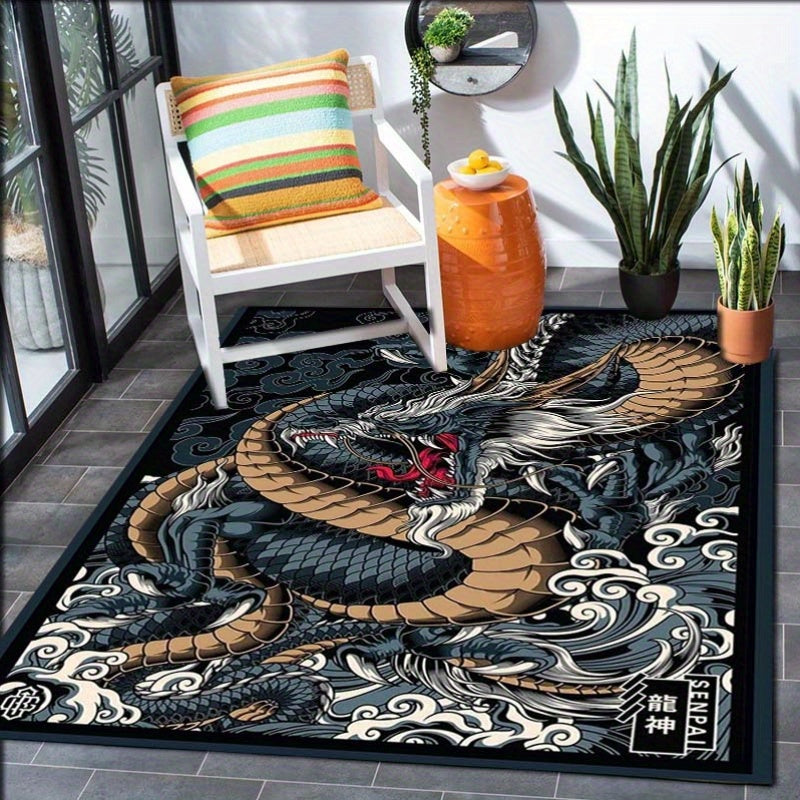 Machine Washable Dragon Area Rug - Flat Woven, Non-Slip, Lightweight, Washable Polyester Fiber Material with PVC Backing for Indoor Use in Office and Bedroom