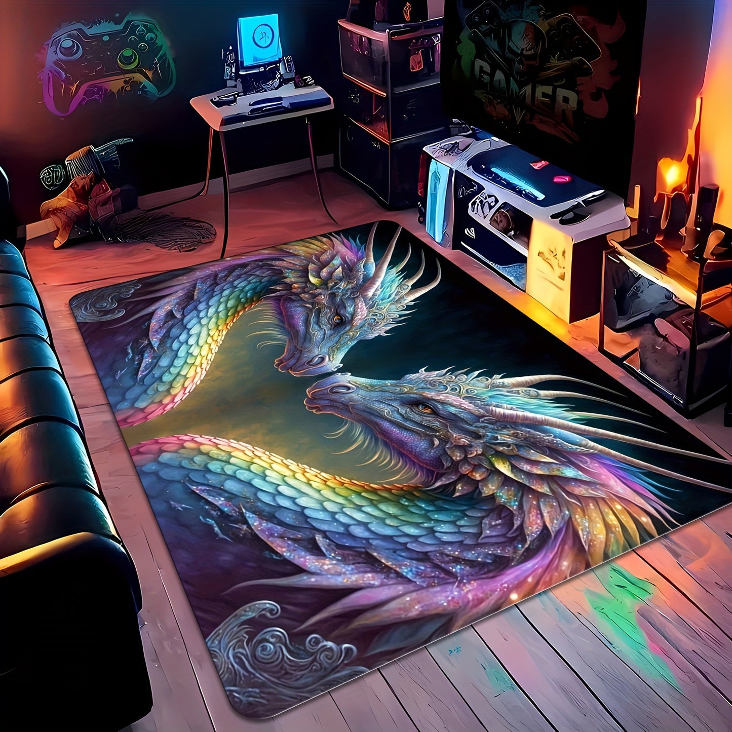 Machine Washable Mythical Dragon Area Rug, Anti-Slip Rectangular Carpet, Stain Resistant, Water-Resistant for Indoor & Outdoor Use – Ideal for Patio, Garden, Bedroom, Living Room, Kitchen, and Bathroom Entrance Mat, with Me