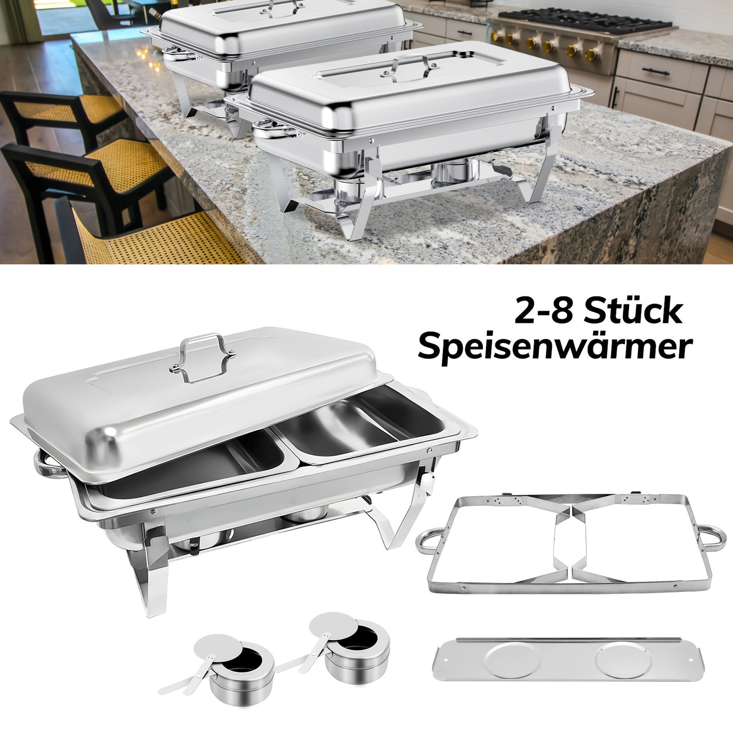 2/4/6/8 Stück 9L Chafing Dish Buffet Set Edelstahl mit halber Größe Lebensmittel Pfannen Wärmebehälter für Catering, Buffet und Party