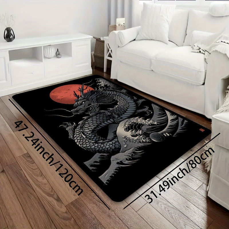 1pc Chinese Dragon Gaming Room Rug, 8mm Thick Polyester Rectangle Mat, Machine Washable, Decorative Indoor Carpet for Bedroom, Living Room, Laundry, Bathroom, Kitchen Entrance - Washable and Durable