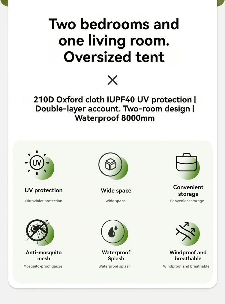 10-Person Outdoor Camping Tent with Vestibule, Solid Color, Square Shape, All-Season, Waterproof Oxford Cloth, Iron Bracket, Zipper Closure, Dual Rooms, Sun Protection for Family Parties, Climbing, Shed