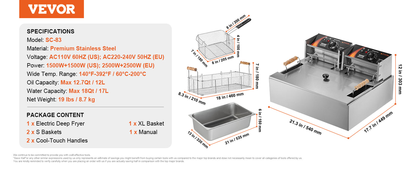 VEVOR kommerzielle Fritteuse, 3000 W elektrische Putenfritteuse mit 3 abnehmbaren Körben, 12 L Edelstahl Fritteuse mit großer Kapazität, für Küche Restaurant Café Bar Silber einstellbar 60-200 °C