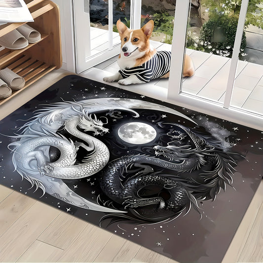 1pc, Black and White Double Dragon Design Carpet - Anti-Slip, Washable, Stain-Resistant, Anti-Fatigue - Living Room Coffee Table Rug, Bedroom, Entryway Mat, Dining, Hallway, Game Room, Office, Study, Bedroom Decor, High-Flann