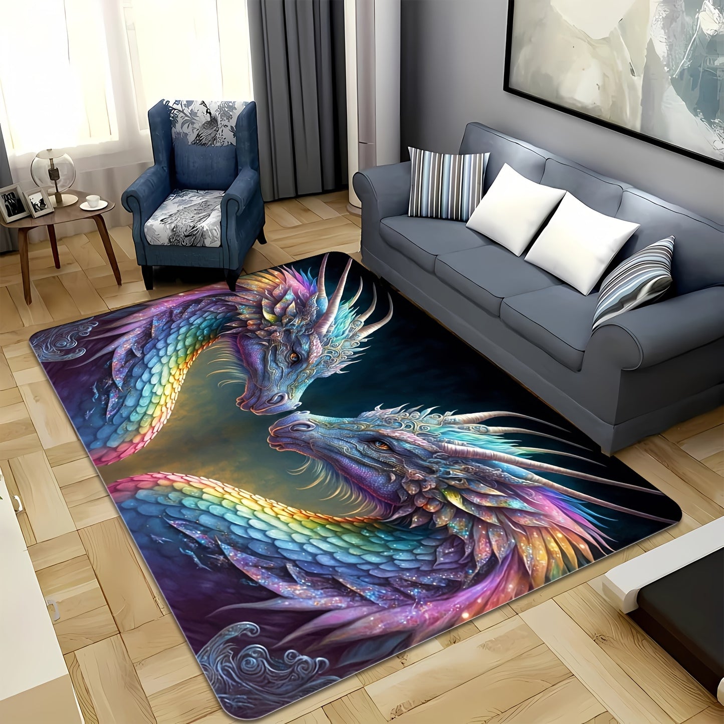 Machine Washable Mythical Dragon Area Rug, Anti-Slip Rectangular Carpet, Stain Resistant, Water-Resistant for Indoor & Outdoor Use – Ideal for Patio, Garden, Bedroom, Living Room, Kitchen, and Bathroom Entrance Mat, with Me