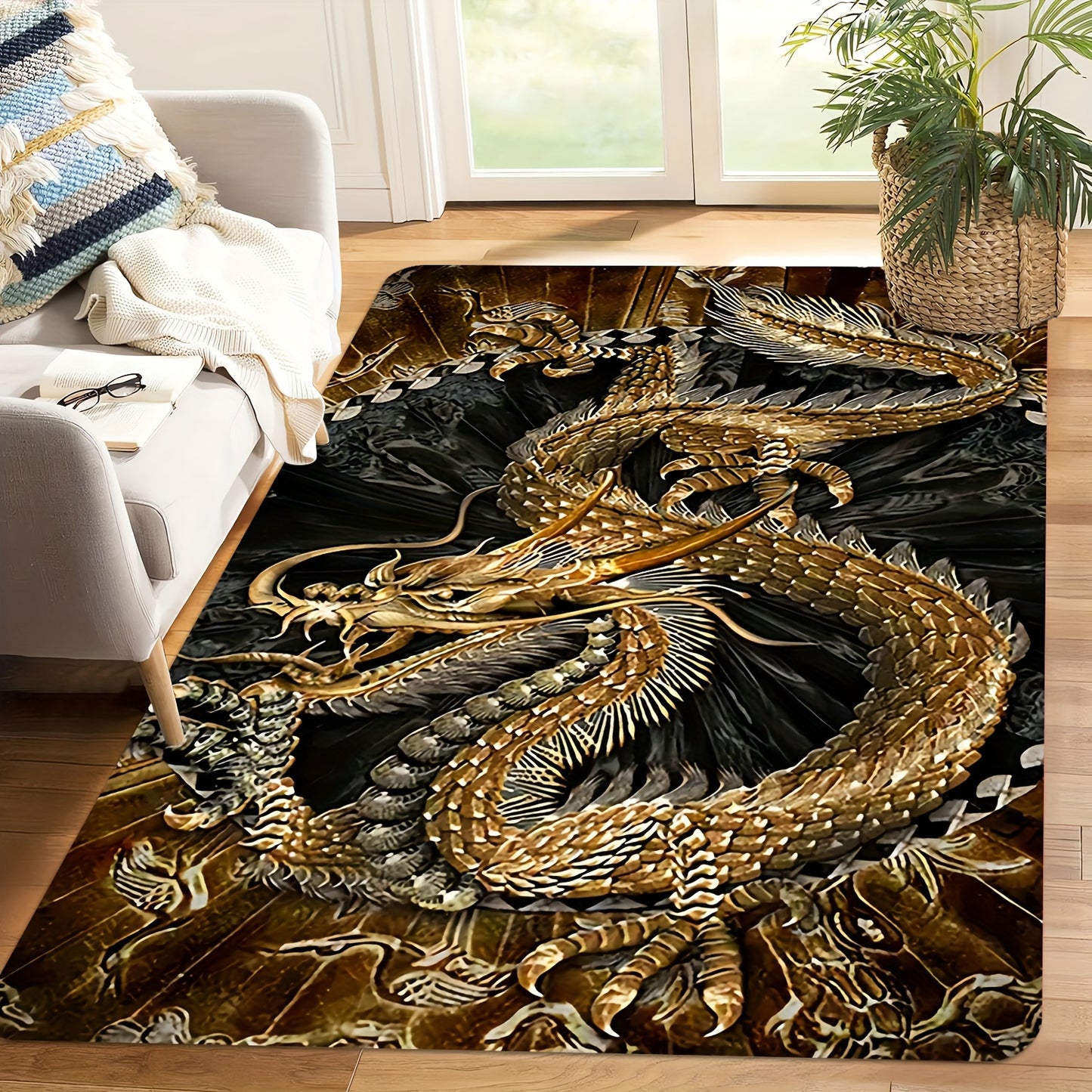 Golden Dragon Area Rug - Stain Resistant, Non-Slip, Machine Washable, Knit Weave - Polyester, Memory Foam, Anti-Fatigue for Living Room, Bedroom, Entryway, and Outdoor Use - Decorative Rectangle Mat