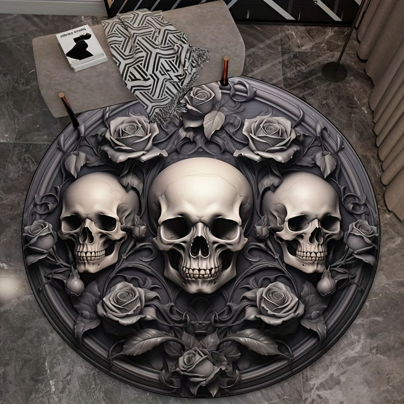 Luxury 3D Horror Rose & Skulls Round Rug - Crystal Velvet, Non-Slip, Perfect for Bedroom, Living Room, and Office Decor