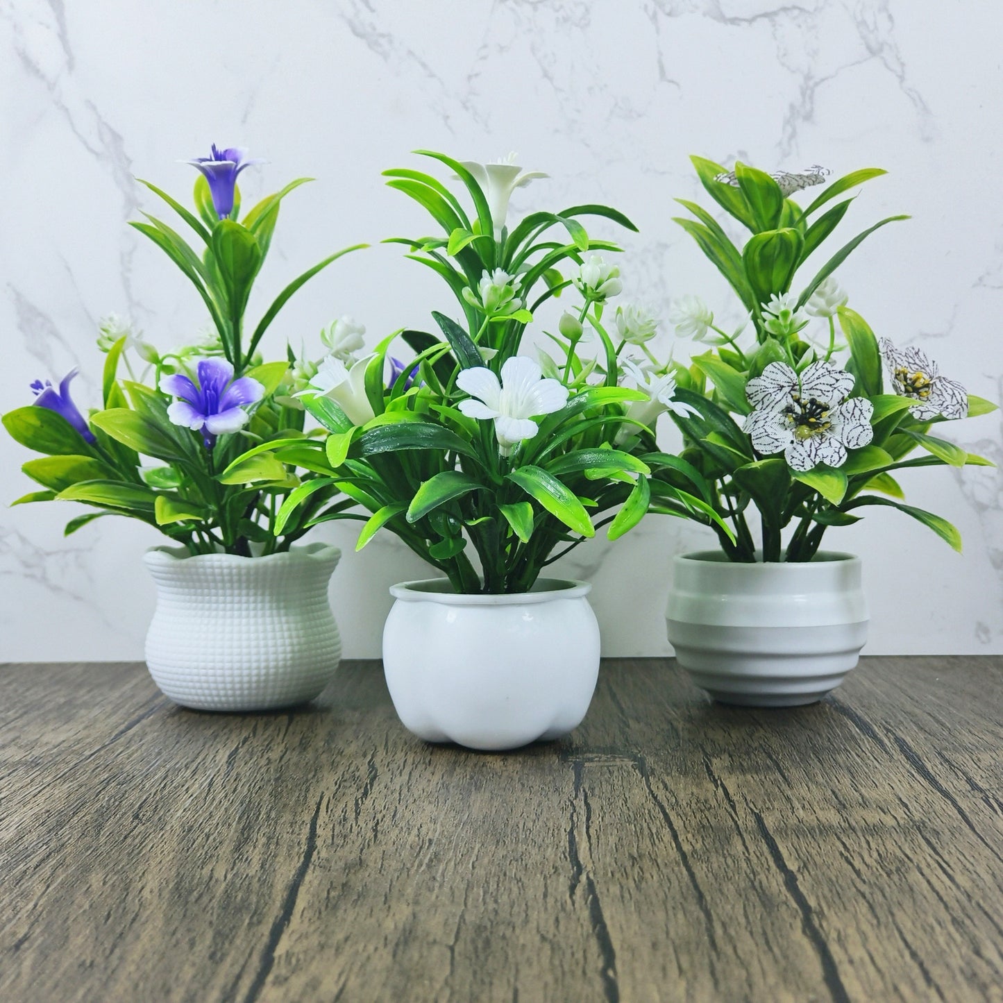 3-Pack Mini Artificial Potted Plants with White Pots for Home Decor - Plastic Faux Flowers for Living Room, Office Desk - Festive Tabletop Decor for Christmas, Halloween, Thanksgiving, Mother's Day