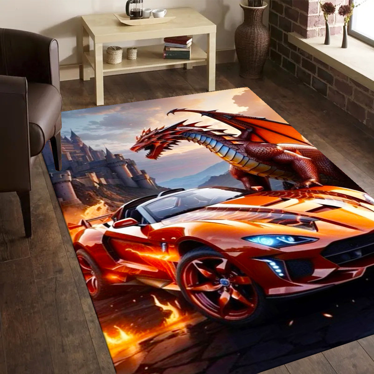 Ultra-Soft Crystal Velvet Rug with Sports Car & Flying Dragon Design - 3D Printed, Comfortable for Living Room, Bedroom, Hallway - Large Area Coverage