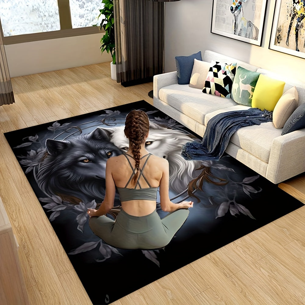 [Popular Choice] 1pc Yin Yang Wolves for Galaxy Area Rug - Ultra-Soft 800g/m2 Crystal Velvet, Black & White with Mystical Leaf Motif, Large Decorative Carpet for Living Room & Bedroom, Machine Washable, Adds Artistic Nature T