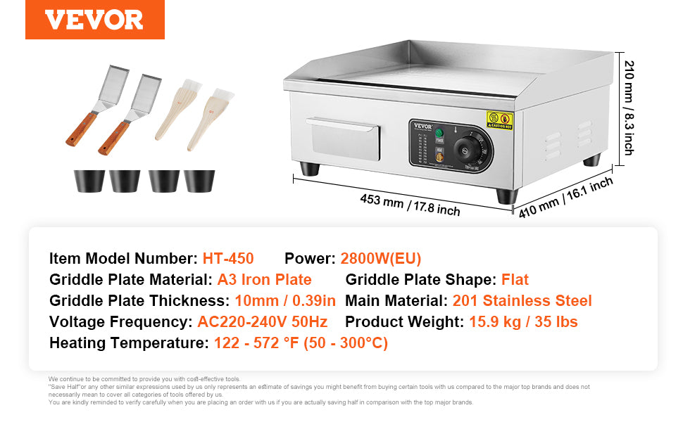 VEVOR Kommerzieller elektrischer Grill, 4400 W, flache Grillplatte für die Arbeitsplatte, einstellbare Temperatur von 122 °F bis 572 °F, 28,74 x 15,75 x 0,39 Zoll, Grillplatte aus Edelstahl mit 2 Schaufeln und 2 Bürste