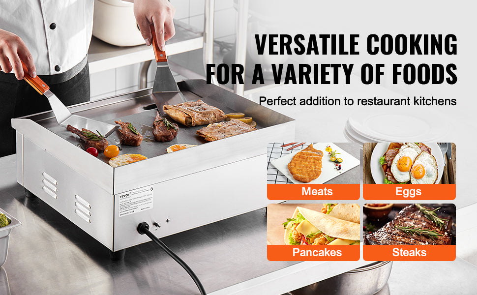 VEVOR Kommerzieller elektrischer Grill, 4400 W, flache Grillplatte für die Arbeitsplatte, einstellbare Temperatur von 122 °F bis 572 °F, 28,74 x 15,75 x 0,39 Zoll, Grillplatte aus Edelstahl mit 2 Schaufeln und 2 Bürste