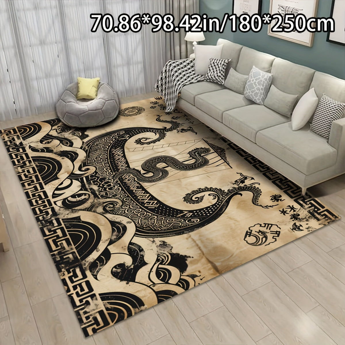 1pc ADSUVAN Luxury Dragon and Boat Modern Art Pattern Area Rug, Soft Crystal Velvet, 750g/m², Non-Slip Backing, Machine Washable, Rectangle Polyester Fiber Carpet for Living Room, Bedroom, Indoor Use - Multiple Sizes Availab