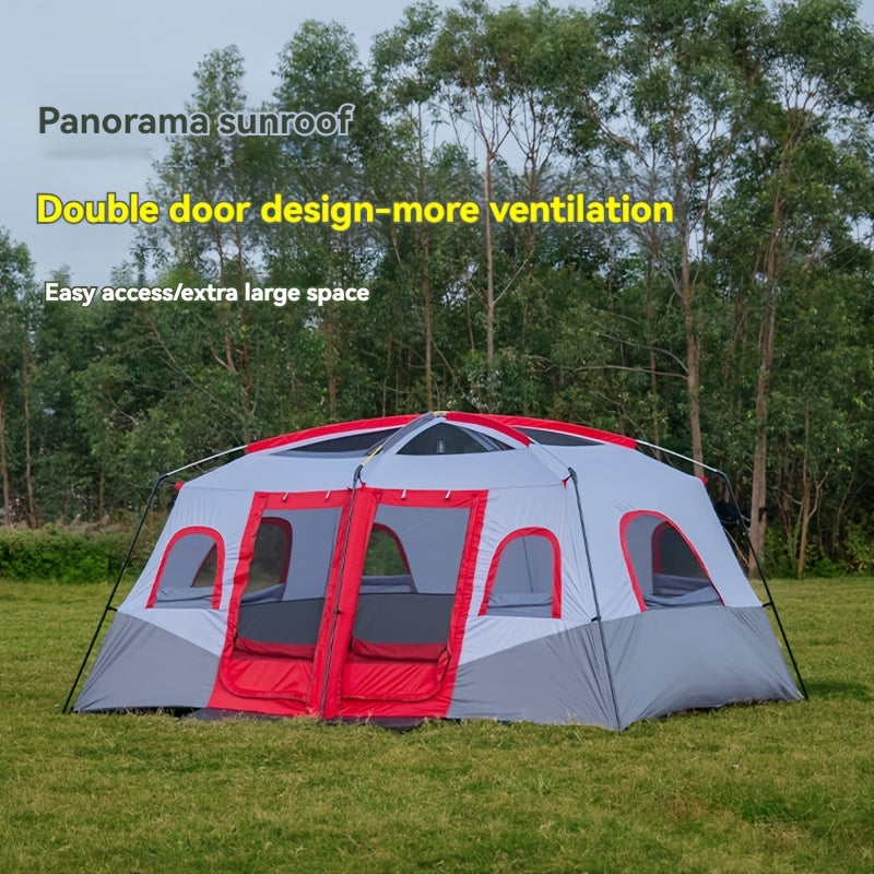 10-Person Outdoor Camping Tent with Vestibule, Solid Color, Square Shape, All-Season, Waterproof Oxford Cloth, Iron Bracket, Zipper Closure, Dual Rooms, Sun Protection for Family Parties, Climbing, Shed