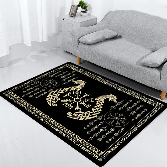 Viking Dragon & Norse Mythology Black Geometric Area Rug - Premium Flannel, Non-Slip, Machine Washable for Living Room, Bedroom, Kitchen, and More - Versatile Home Decor Carpet, Yoga Mat, Various Sizes, Office & Corridor