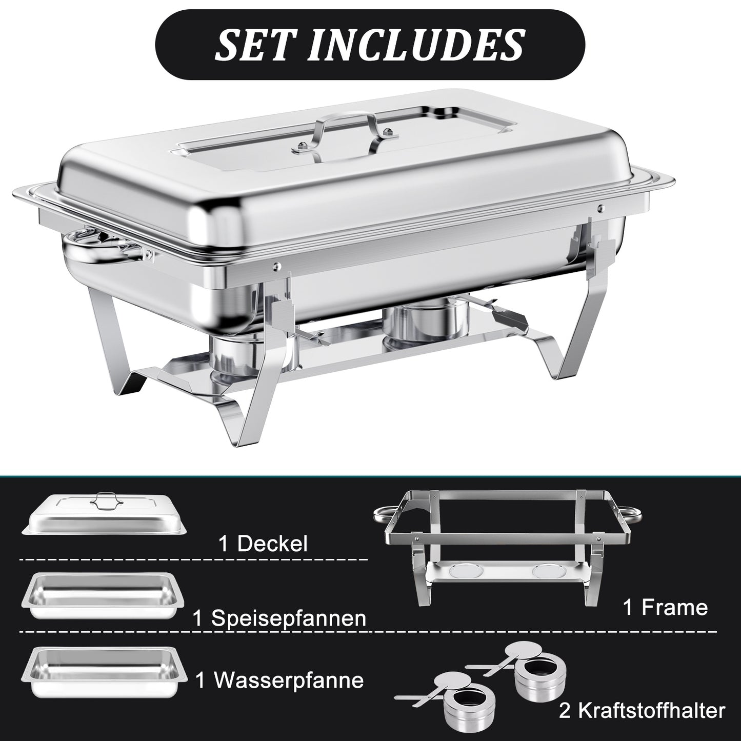 9L 2/4/6/8pcs Chafing Dish Stainless Steel Buffet Set Food Warmer Heat Container Rechaud for Catering, Buffet, And Party, 1/1GN Container