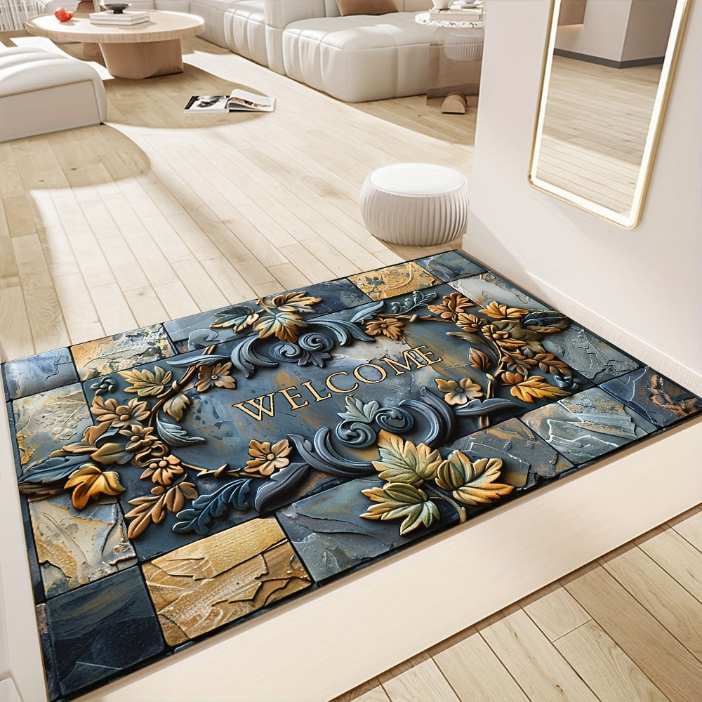 Luxurious 3D Stone & Botanical Embossed Welcome Mat - Non-Slip, Waterproof, Machine Washable Polyester Rug for Home & Outdoor Decor - Ideal for Entryway, Living Room, Bathroom