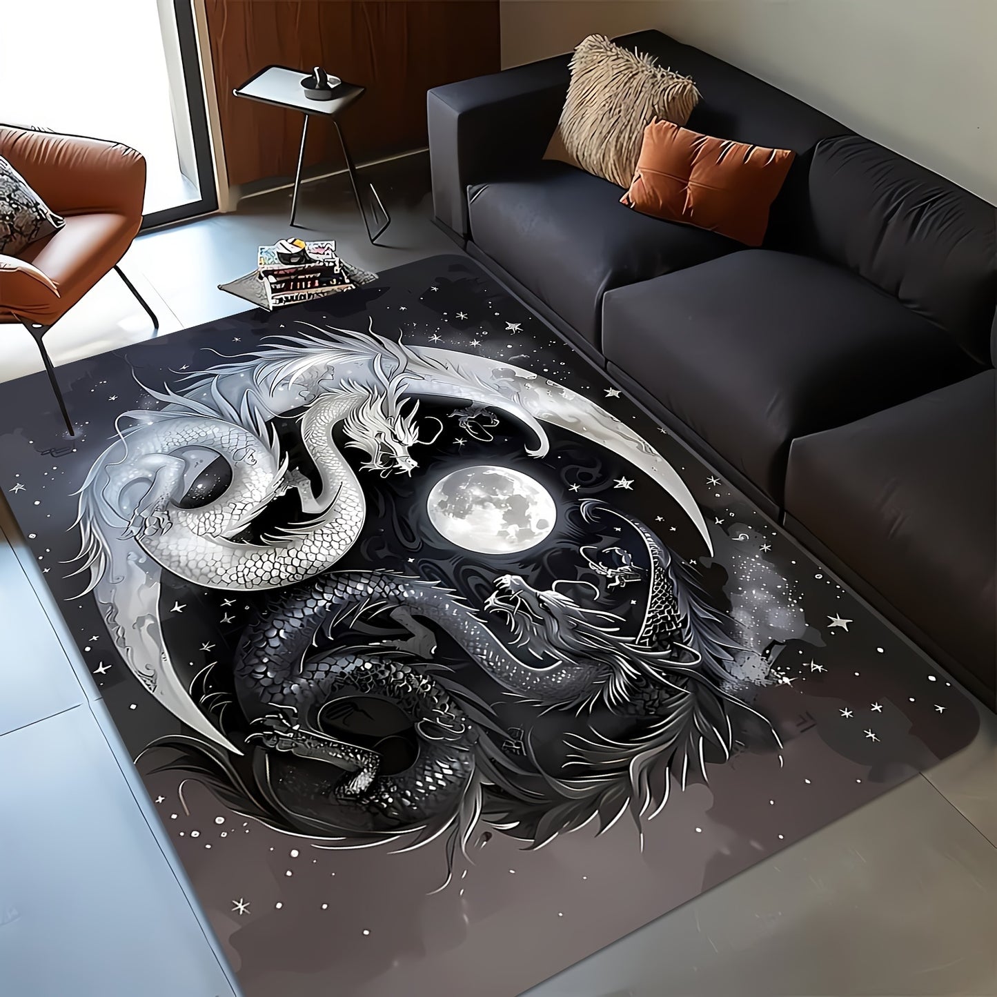 1pc, Black and White Double Dragon Design Carpet - Anti-Slip, Washable, Stain-Resistant, Anti-Fatigue - Living Room Coffee Table Rug, Bedroom, Entryway Mat, Dining, Hallway, Game Room, Office, Study, Bedroom Decor, High-Flann