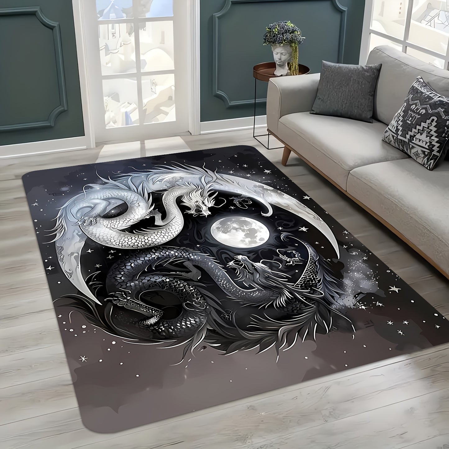 1pc, Black and White Double Dragon Design Carpet - Anti-Slip, Washable, Stain-Resistant, Anti-Fatigue - Living Room Coffee Table Rug, Bedroom, Entryway Mat, Dining, Hallway, Game Room, Office, Study, Bedroom Decor, High-Flann