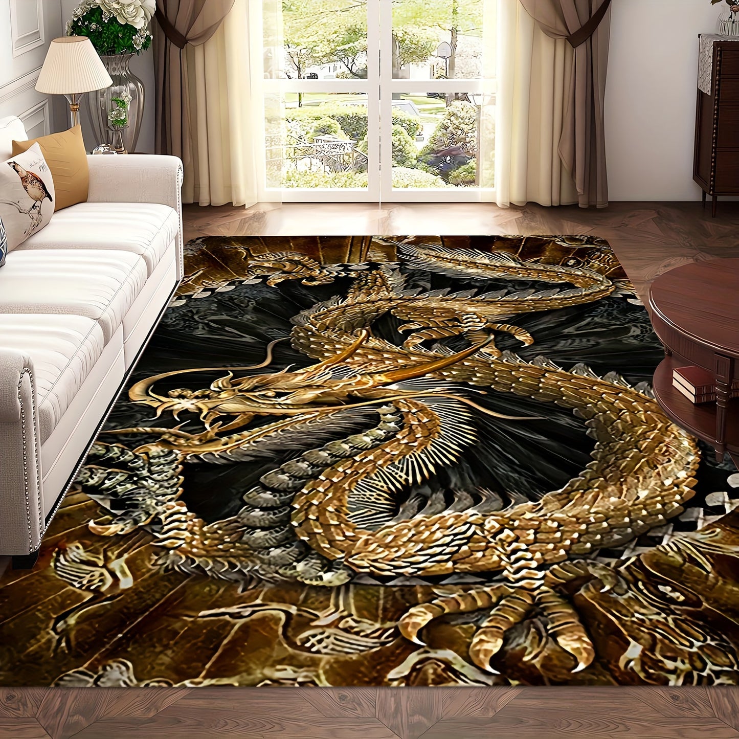 Golden Dragon Area Rug - Stain Resistant, Non-Slip, Machine Washable, Knit Weave - Polyester, Memory Foam, Anti-Fatigue for Living Room, Bedroom, Entryway, and Outdoor Use - Decorative Rectangle Mat