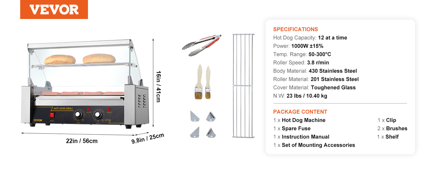 Vevor Hot Dog Roller 5 Rollen 12 Hot Dogs Kapazität 750w Edelstahl Wurst Grill Herd Maschine mit Dual Temp Control Glas haube