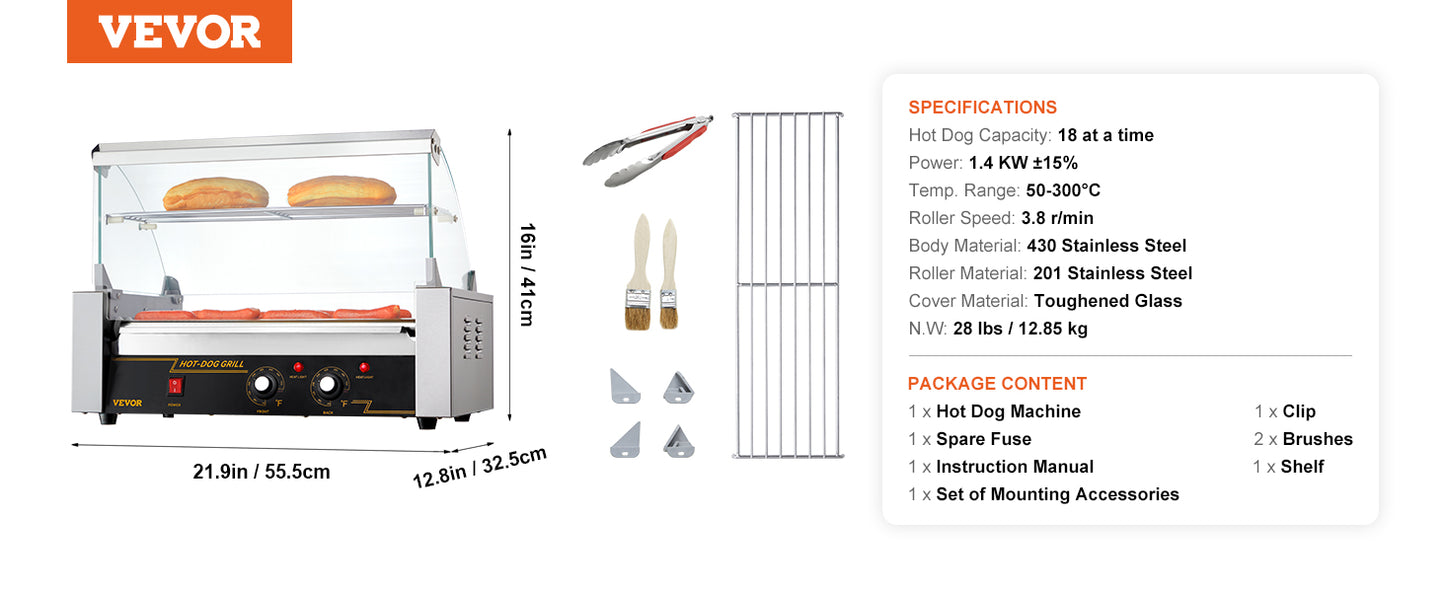Vevor Hot Dog Roller 5 Rollen 12 Hot Dogs Kapazität 750w Edelstahl Wurst Grill Herd Maschine mit Dual Temp Control Glas haube
