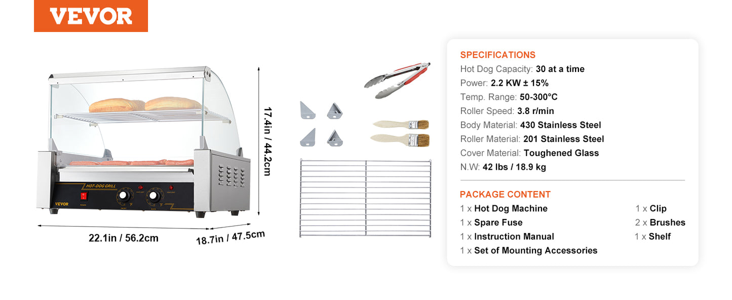 Vevor Hot Dog Roller 5 Rollen 12 Hot Dogs Kapazität 750w Edelstahl Wurst Grill Herd Maschine mit Dual Temp Control Glas haube