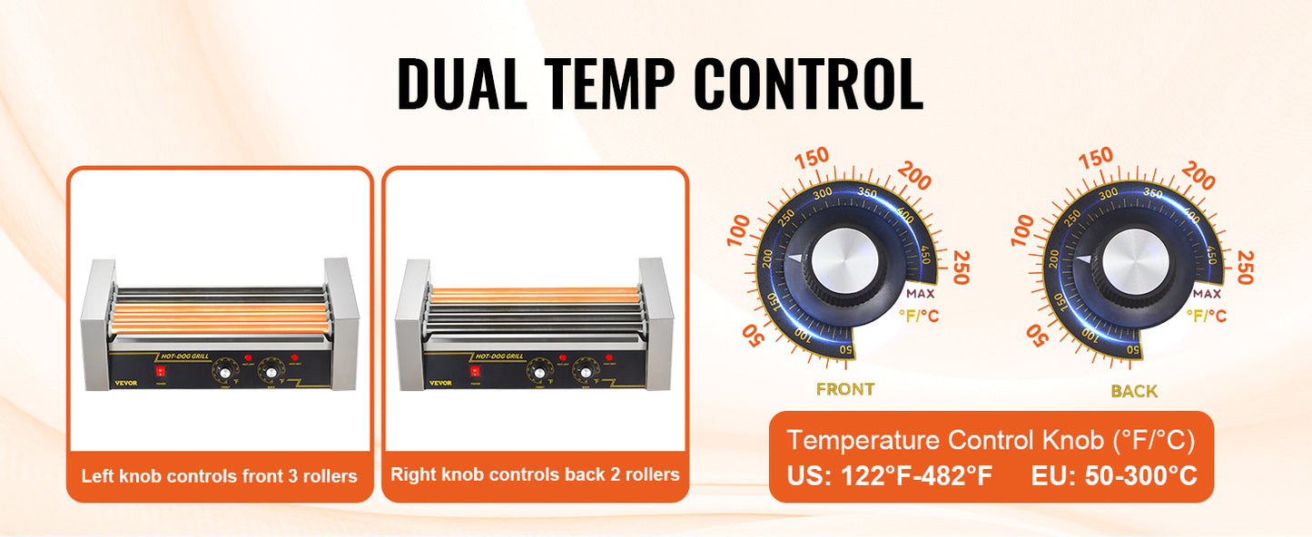 Vevor Hot Dog Roller 5 Rollen 12 Hot Dogs Kapazität 750w Edelstahl Wurst Grill Herd Maschine mit Dual Temp Control Glas haube