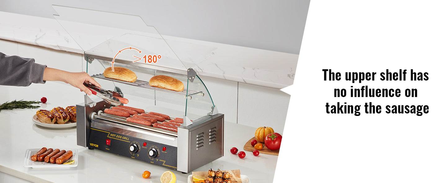 Vevor Hot Dog Roller 5 Rollen 12 Hot Dogs Kapazität 750w Edelstahl Wurst Grill Herd Maschine mit Dual Temp Control Glas haube