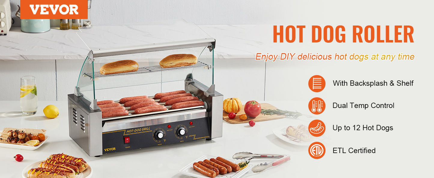 Vevor Hot Dog Roller 5 Rollen 12 Hot Dogs Kapazität 750w Edelstahl Wurst Grill Herd Maschine mit Dual Temp Control Glas haube