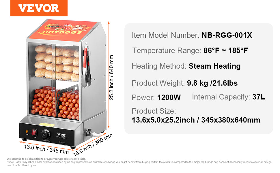 VEVOR Hot Dog Dampfgarer, 27L, 2-stufiger Hot Dog Hütten-Dampfgarer, 30℃~85℃ Temperaturregelung, elektrischer Brötchenwärmer mit Schiebetüren aus gehärtetem Glas, Trennplattenzange, Edelstahl, für Hot Dogs & Brötch