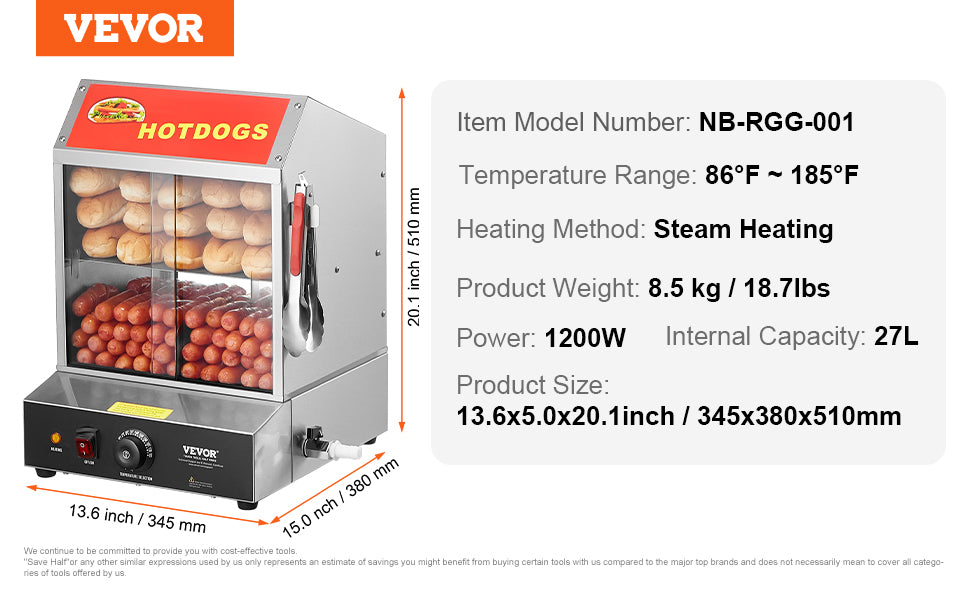 VEVOR Hot Dog Dampfgarer, 27L, 2-stufiger Hot Dog Hütten-Dampfgarer, 30℃~85℃ Temperaturregelung, elektrischer Brötchenwärmer mit Schiebetüren aus gehärtetem Glas, Trennplattenzange, Edelstahl, für Hot Dogs & Brötch