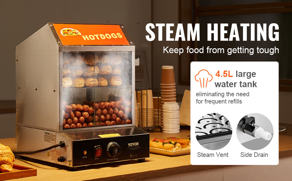 VEVOR Hot Dog Dampfgarer, 27L, 2-stufiger Hot Dog Hütten-Dampfgarer, 30℃~85℃ Temperaturregelung, elektrischer Brötchenwärmer mit Schiebetüren aus gehärtetem Glas, Trennplattenzange, Edelstahl, für Hot Dogs & Brötch