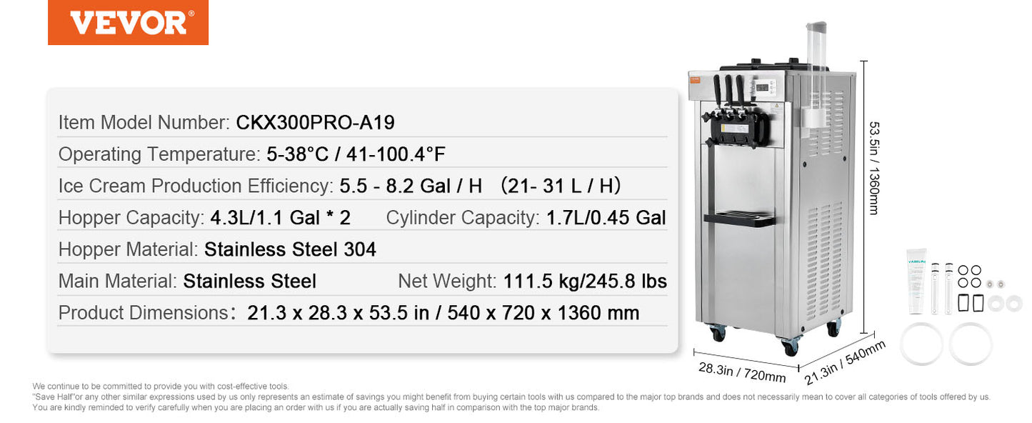 VEVOR Kommerzielle Eismaschine Eiscreme-Maschine 21–31 L/h Freistehende Softeismaschine mit 3 Geschmacksrichtungen, 2 x 4,3 L Edelstahlbehälter, LED-Panel, Automatische Reinigung, Kühlung über Nacht