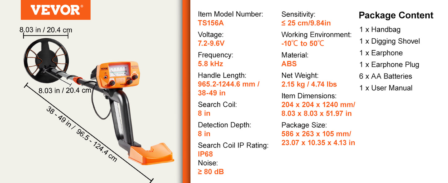 VEVOR Metalldetektor Kit für Erwachsene Multifunktionaler Profi-Detektor mit 2 Modi Metallsuchgerät wasserdichte 20,3cm Spule für Größere Tiefe, mit Schaufel und Tragetasche